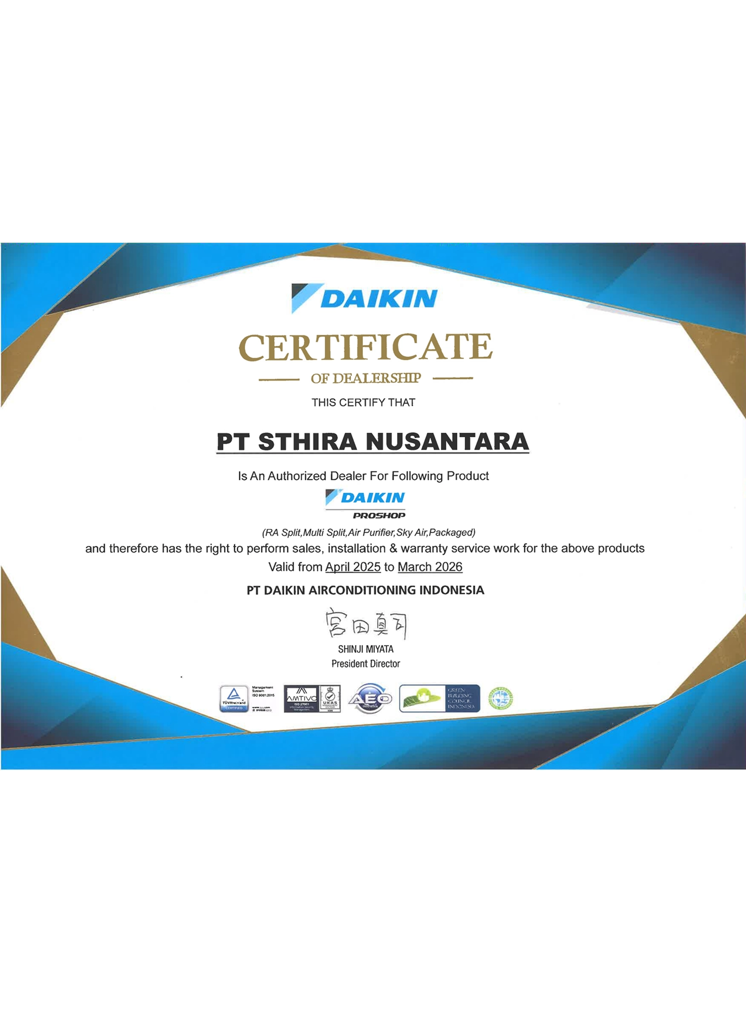 Daikin Proshop Dealership Certificate (2025-2026) Daikin Proshop Dealership Certificate